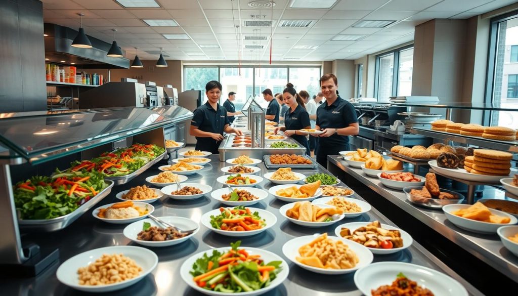 A beautifully lit cafeteria scene, showcasing a wide array of freshly prepared Pret A Manger staff meals. In the foreground, an assortment of colorful salads, hot entrees, and hearty sandwiches arranged on sleek stainless steel countertops. The middle ground features Pret employees enthusiastically serving and plating the delectable offerings, their smiles and attentive expressions conveying a sense of pride and care. In the background, the cafeteria's modern, airy design with large windows floods the space with warm, natural light, creating a welcoming and comfortable atmosphere. The overall scene exudes a sense of culinary delight and employee satisfaction, perfectly capturing the 