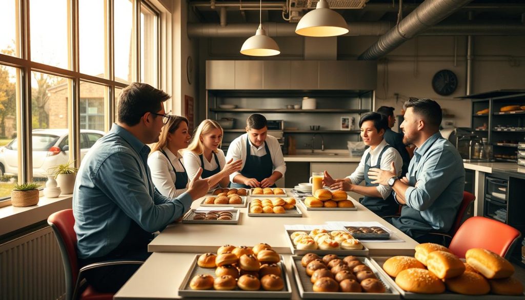 A bustling Greggs bakery, warm light spilling through large windows onto a team of employees collaborating at a conference table. In the foreground, coworkers engage in lively discussion, hands gesturing as they share ideas. The middle ground features neatly arranged pastries and baked goods, a testament to the team's dedication. In the background, the kitchen hums with activity, chefs expertly crafting the iconic Greggs fare. An atmosphere of camaraderie and productivity pervades the scene, captured through a medium-wide angle lens and soft, diffused lighting that accentuates the warm, welcoming ambiance.