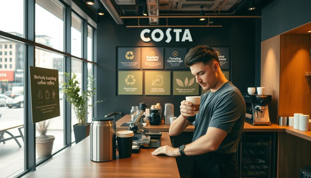 A modern and sustainable Costa Coffee shop, with warm lighting and sleek interior design. In the foreground, a barista carefully prepares a latte, showcasing the brand's commitment to ethically sourced coffee. The middle ground features prominently displayed sustainability initiatives, such as recycling bins, compostable cups, and energy-efficient equipment. In the background, large windows provide natural light and offer a view of a vibrant urban landscape, reflecting Costa Coffee's presence in the local community. An overall sense of environmental consciousness and social responsibility permeates the scene.