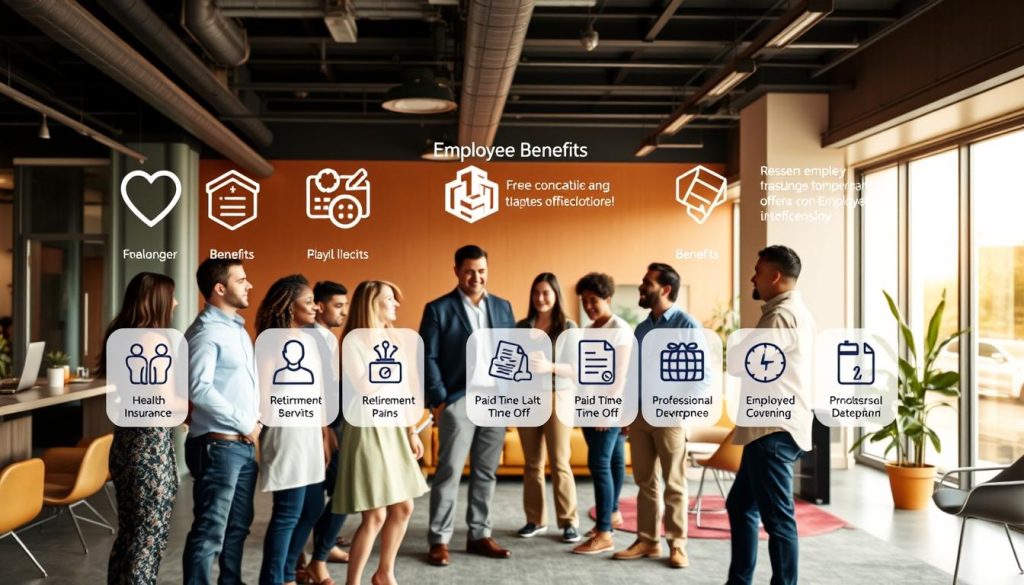 A modern, vibrant office setting with a focus on the various employee benefits offered by a progressive company. The foreground features a diverse group of employees engaged in lively discussion, conveying a sense of camaraderie and job satisfaction. The middle ground showcases icons and infographics highlighting key benefits such as health insurance, retirement plans, paid time off, and professional development opportunities. The background has a warm, natural lighting that creates a welcoming atmosphere, with sleek, minimalist furniture and decor elements that reflect the company's aesthetic. The overall mood is one of enthusiasm, stability, and a commitment to employee well-being.