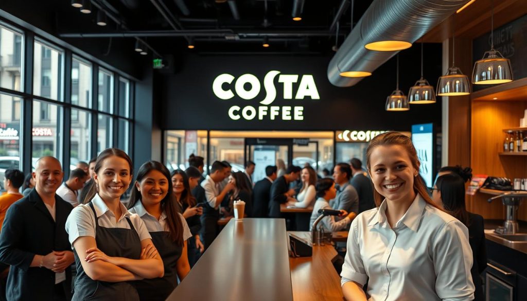 A vibrant and welcoming café interior, bathed in warm lighting and filled with the aroma of freshly brewed coffee. In the foreground, a group of smiling baristas in crisp uniforms, showcasing their professional skills and excellent customer service. Behind them, a sleek and modern counter, with the iconic Costa Coffee logo prominently displayed. In the middle ground, a diverse group of customers – young professionals, families, and students – enjoying their drinks and snacks in a comfortable and inviting atmosphere. The background features floor-to-ceiling windows, offering a glimpse of the bustling street outside, conveying a sense of energy and opportunity. The overall scene evokes a positive and dynamic workplace, where employees can thrive and build rewarding careers within the Costa Coffee brand.