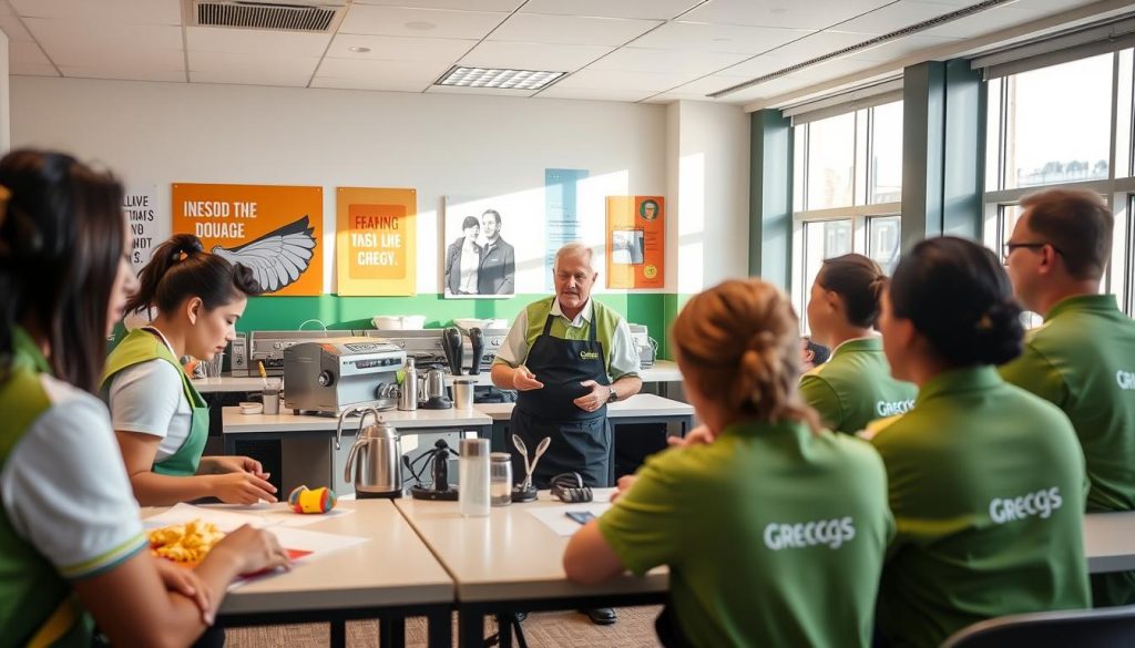 A well-lit, modern training room with Greggs' signature green and white color scheme. In the foreground, a group of trainees engage in a hands-on session, learning the proper techniques for food preparation and customer service. The middle ground features an instructor demonstrating the use of specialized equipment, their expression one of patient guidance. In the background, inspirational wall graphics and motivational posters showcase Greggs' commitment to professional development. Warm, natural lighting filters through large windows, creating a welcoming and energetic atmosphere conducive to learning.